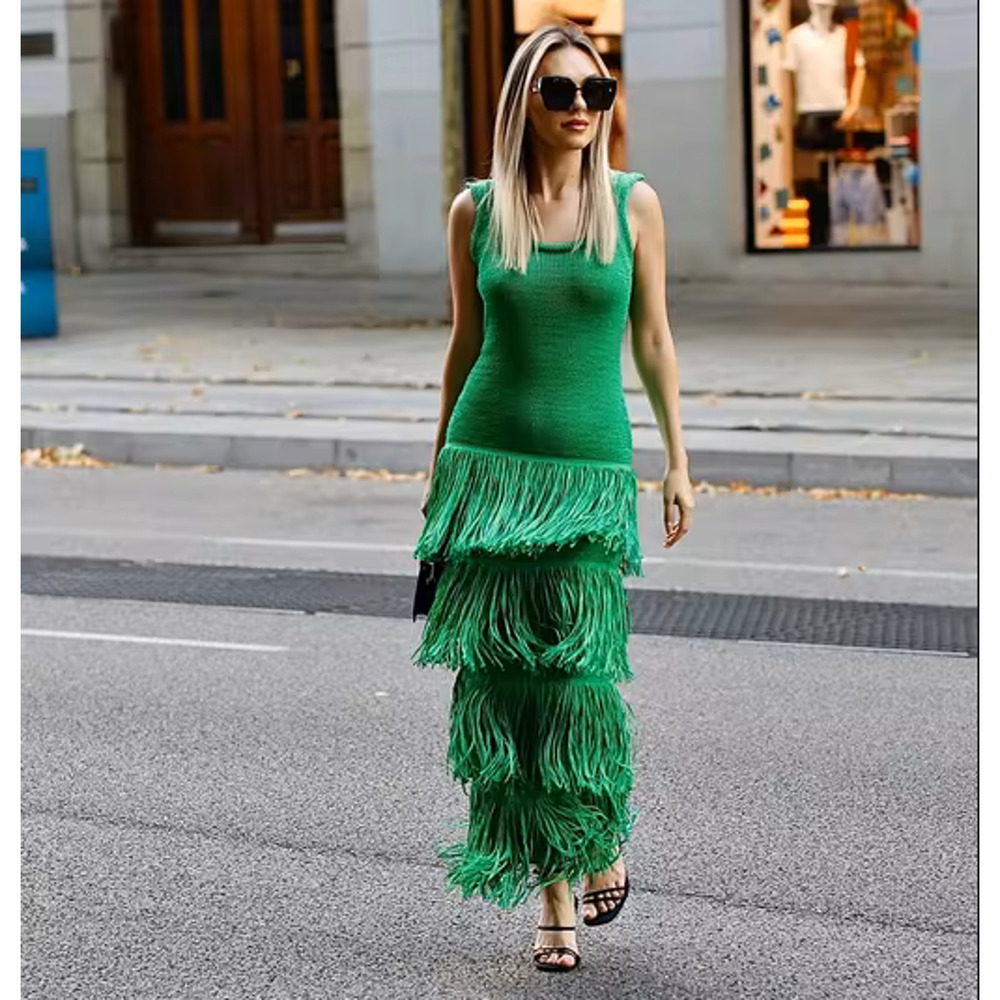 Mango Bright Green Tiered Fringe Maxi Dress - Picture 10 of 16